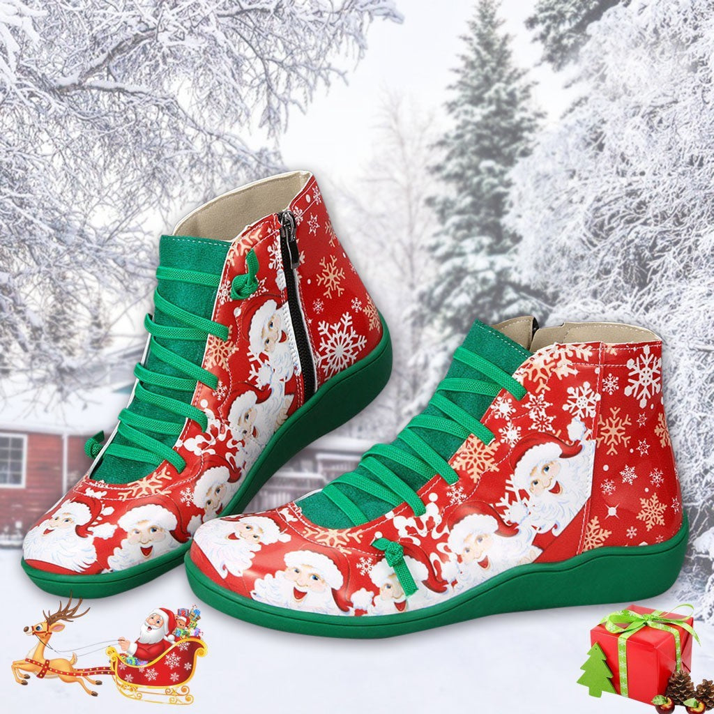Ankle Boots Women Santa Claus Snowflake Print Flats Shoes Casual Slip-on Side Zipper Design Short Boot