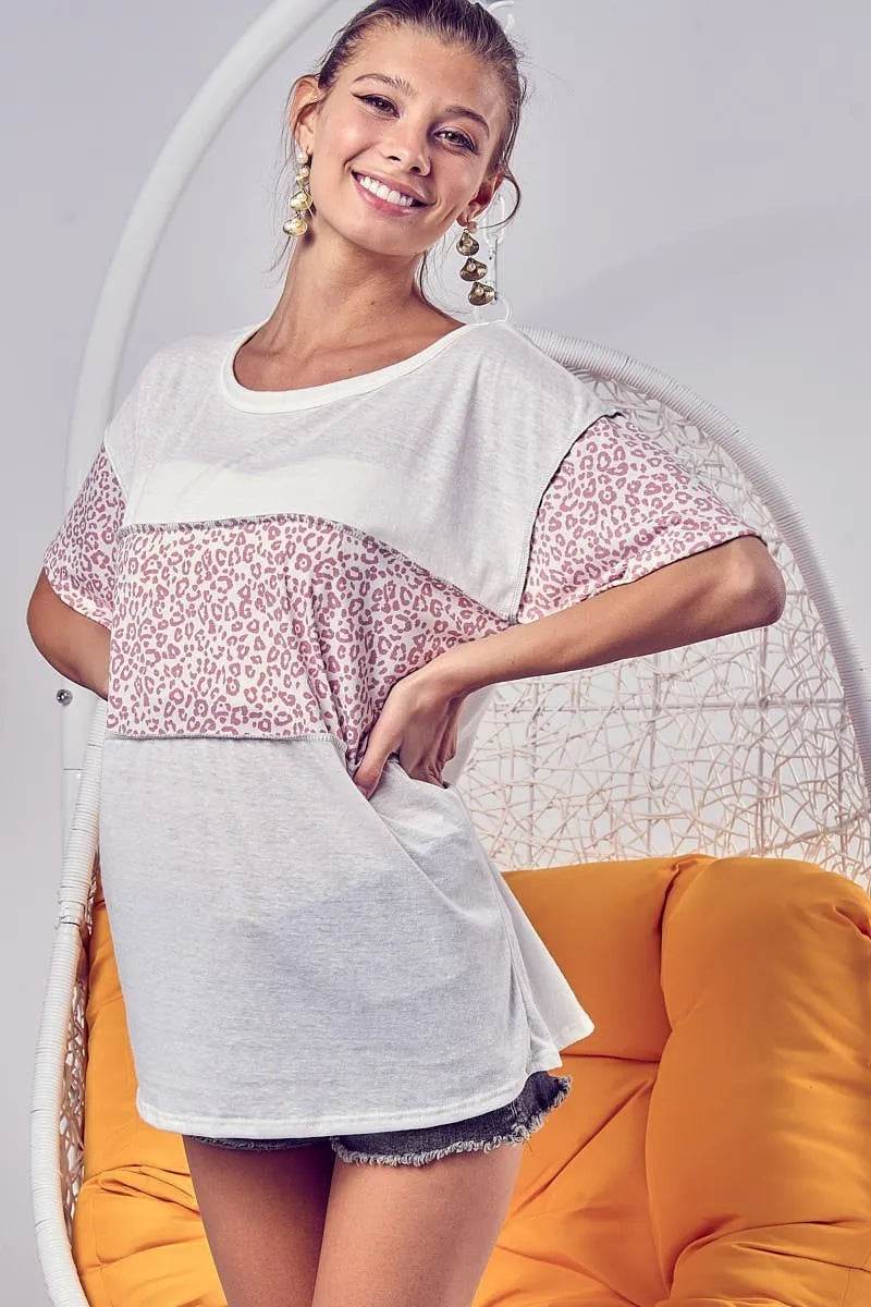 BiBi Triblend Knit with Leopard Block Out Stitching