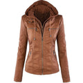 Fashion Detachable Hooded Jacket With Pockets Casual Solid Color Zipper Long Sleeve Leather Coat Autumn Winter Women's Clothing