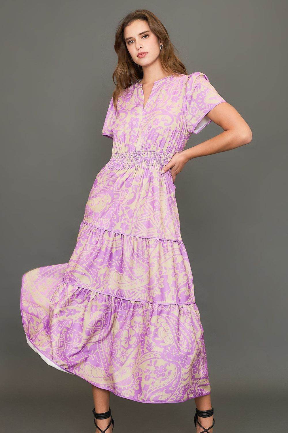 Umgee Full Size Printed Notched Short Sleeve Tiered Dress Plus Size
