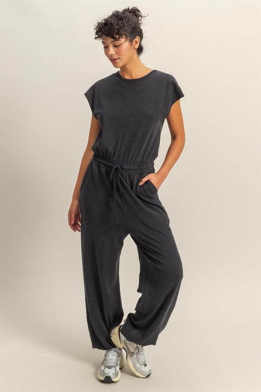 HYFVE Back Keyhole Round Neck Cap Sleeve Drawstring Jumpsuit
