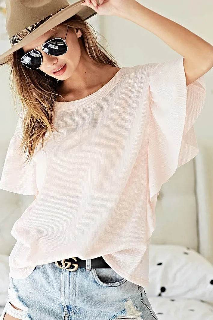 BiBi Thermal Knit with Ruffled Sleeve Top