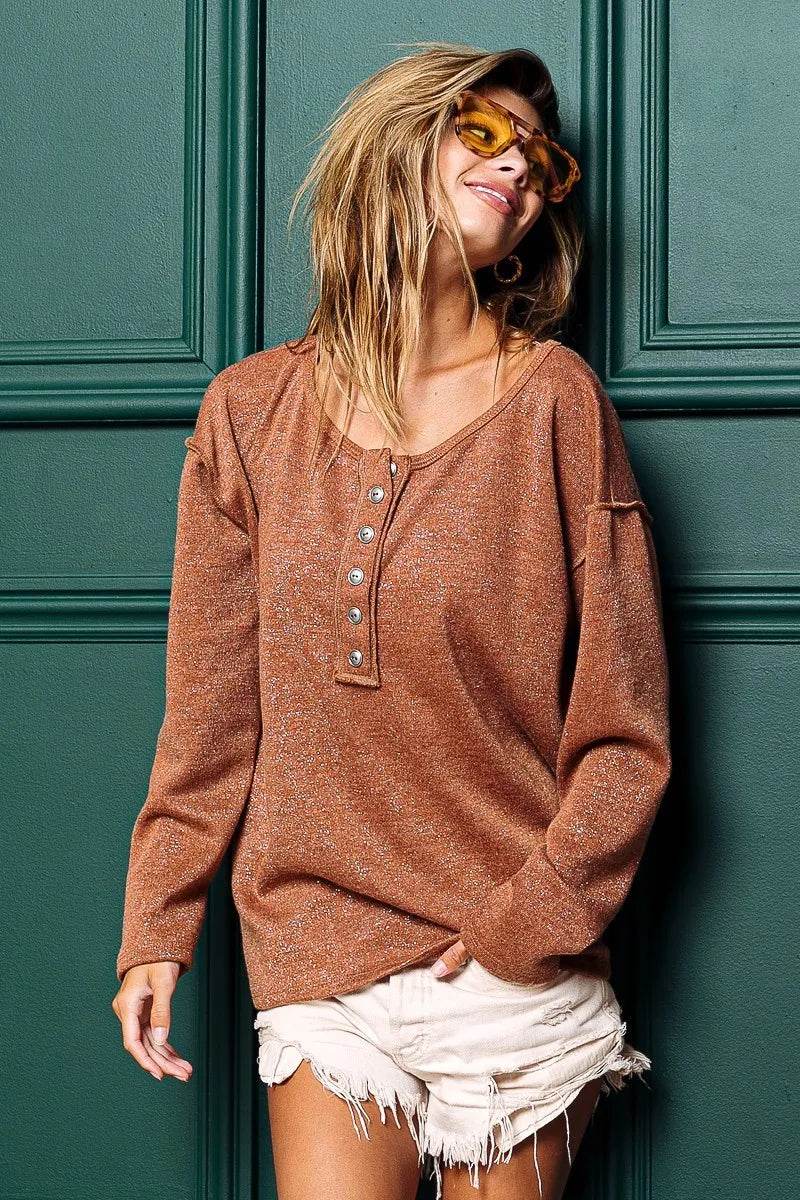 BiBi Mink Lurex Stitched Button Detail Top
