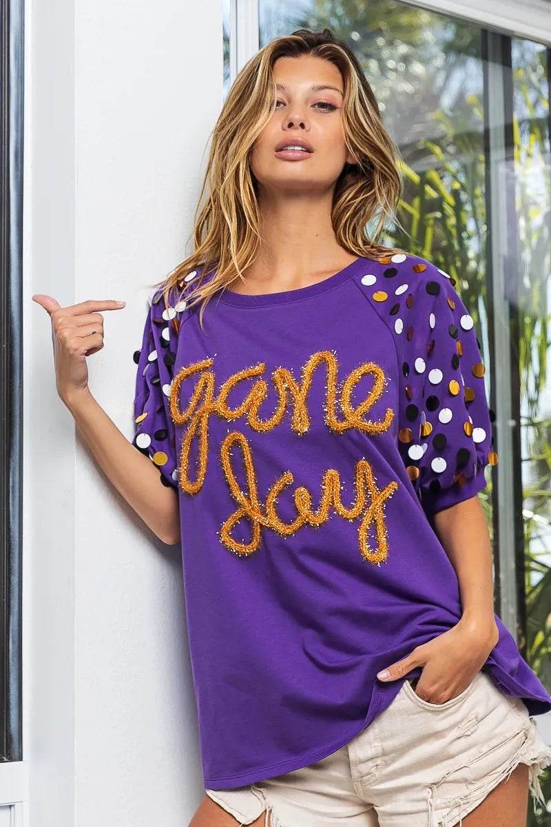 BiBi Game Day Metallic Letter Spangle Sleeve Top