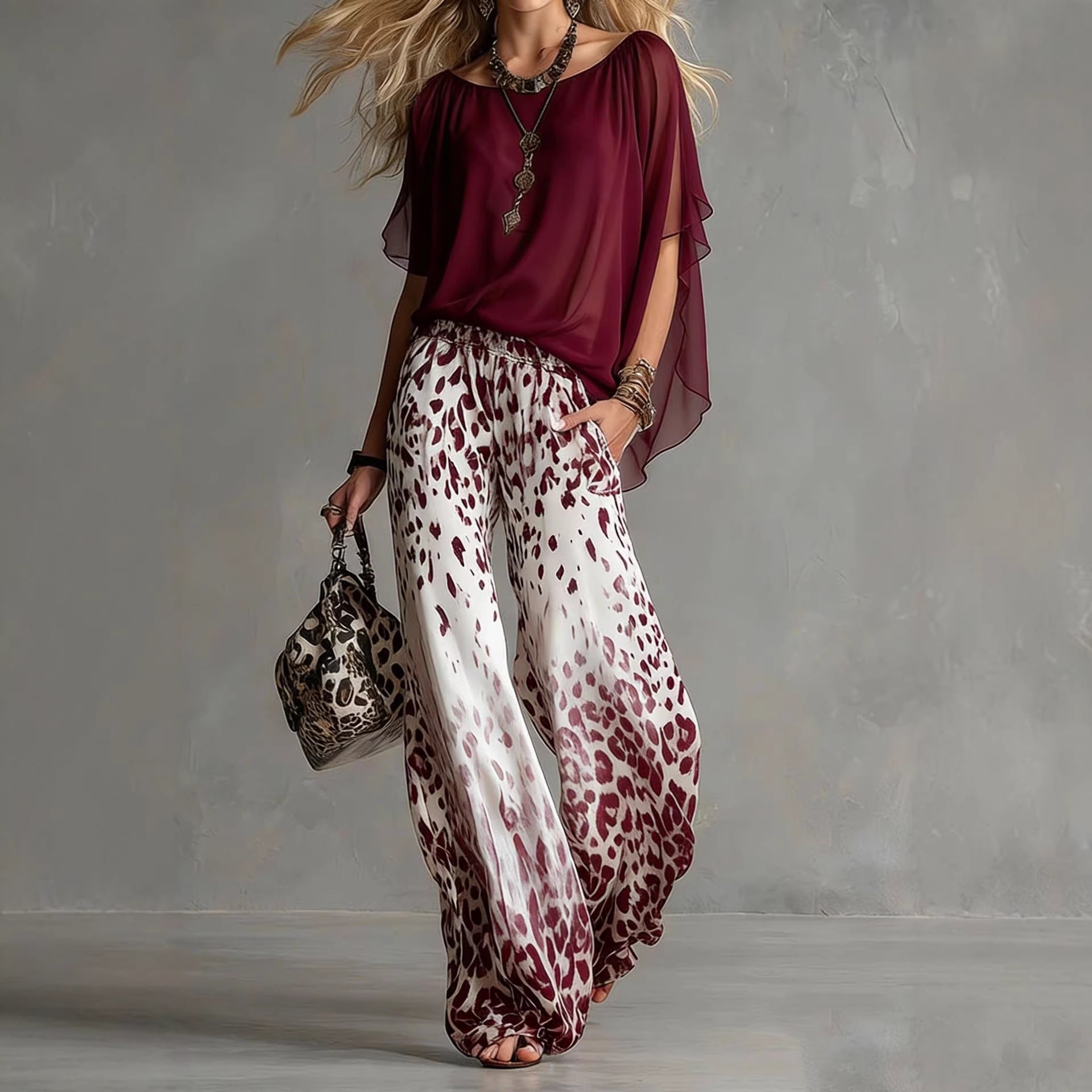 Chiffon Puff-Sleeve Top & Wide-Leg Pants Set – 15 Colors
