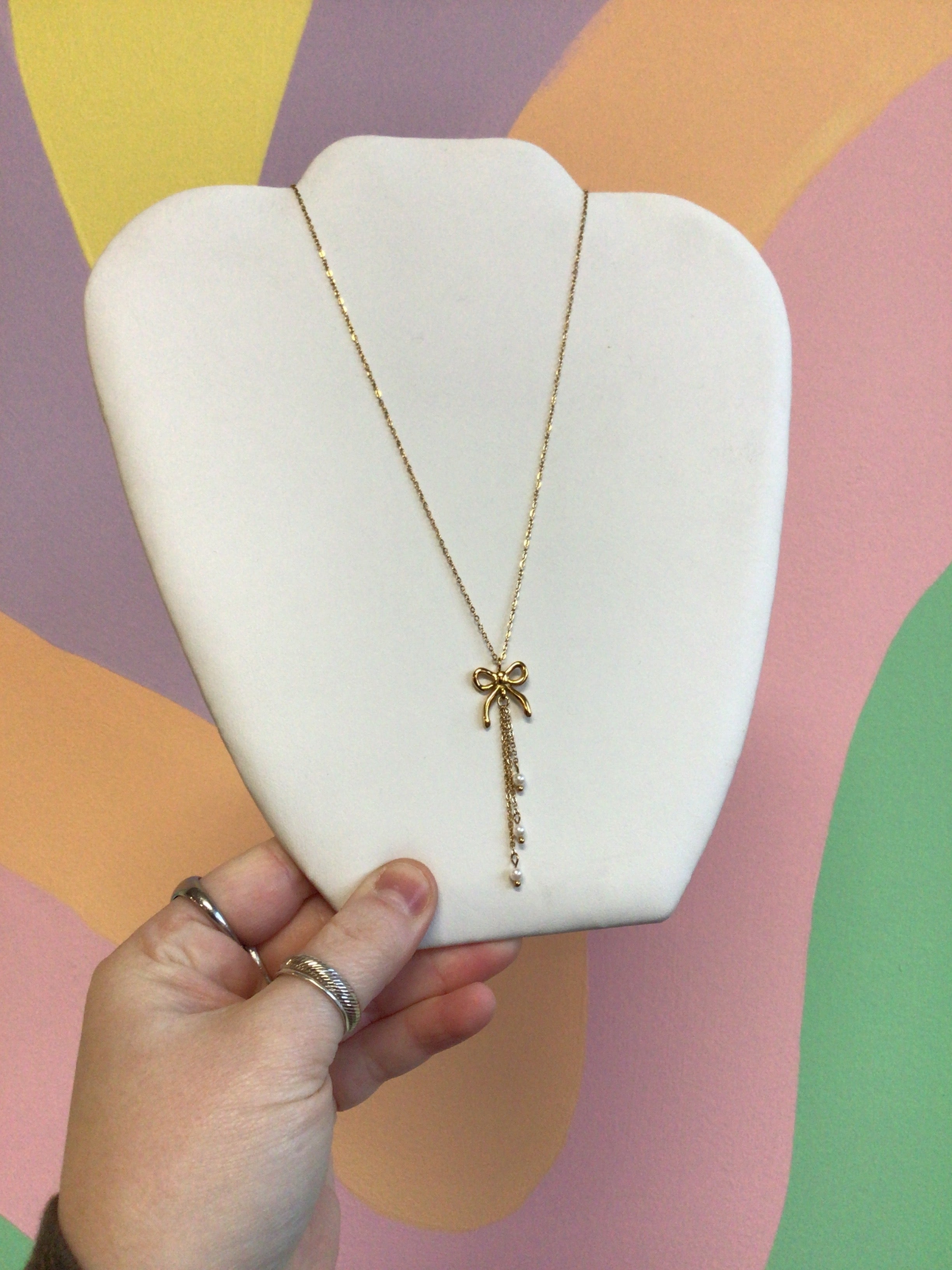 Darling Bow and Pearls Titanium Necklace