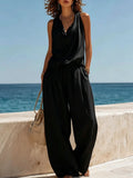 Women's Sleeveless Boat Neck Top & Wide-Leg Pants Two-Piece Set