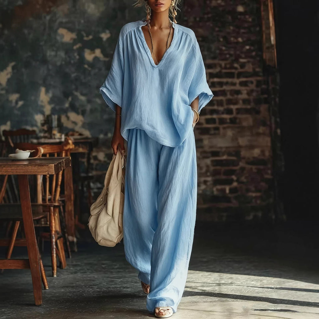 V-Neck Loose Short-Sleeve Top & Pants Set – 5 Colors, S–3XL