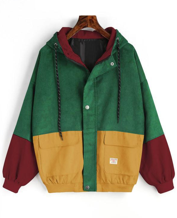 2021 Korean version of college wind student BF loose color matching hooded baseball uniform corduroy tooling jacket female