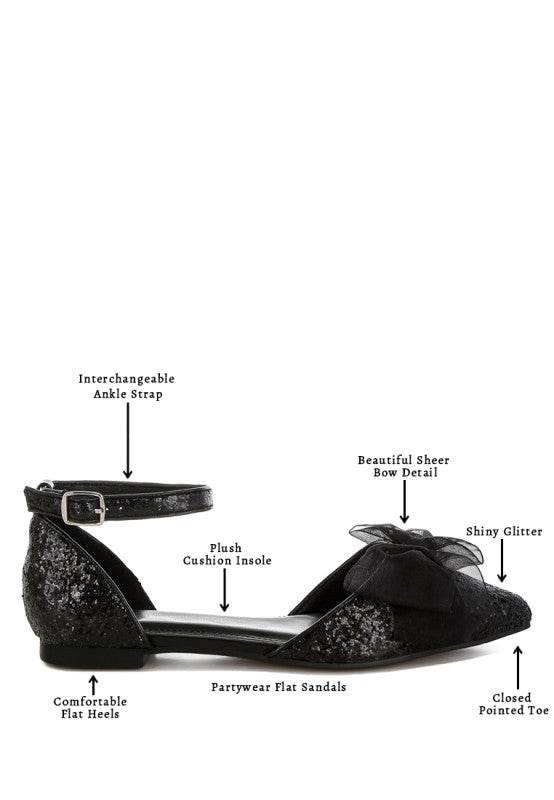 Clarice Sheer Bow Detail Glitter Flat Sandals