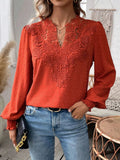 Swiss Dot Lace Detail Notched Long Sleeve Blouse – Feminine Style