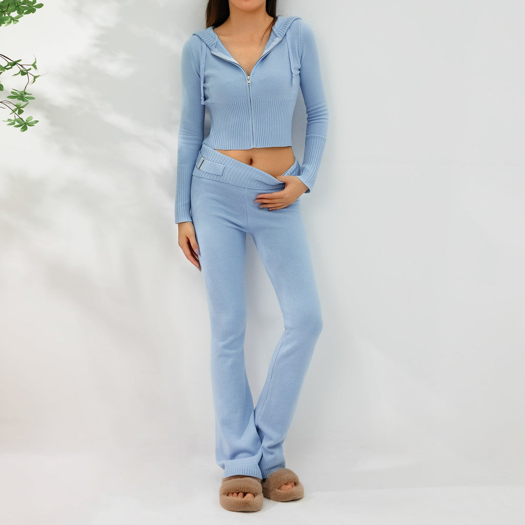 2pcs Knitted Hooded Suits Women's Long-sleeved Cardigan And High Waisted Trousers Clothing