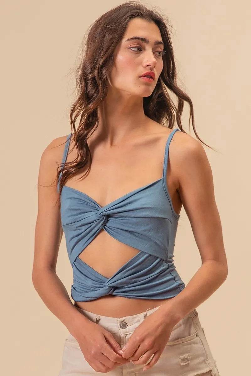 BiBi Rayon Span Jersey Knit Double Twist Front Cami Top