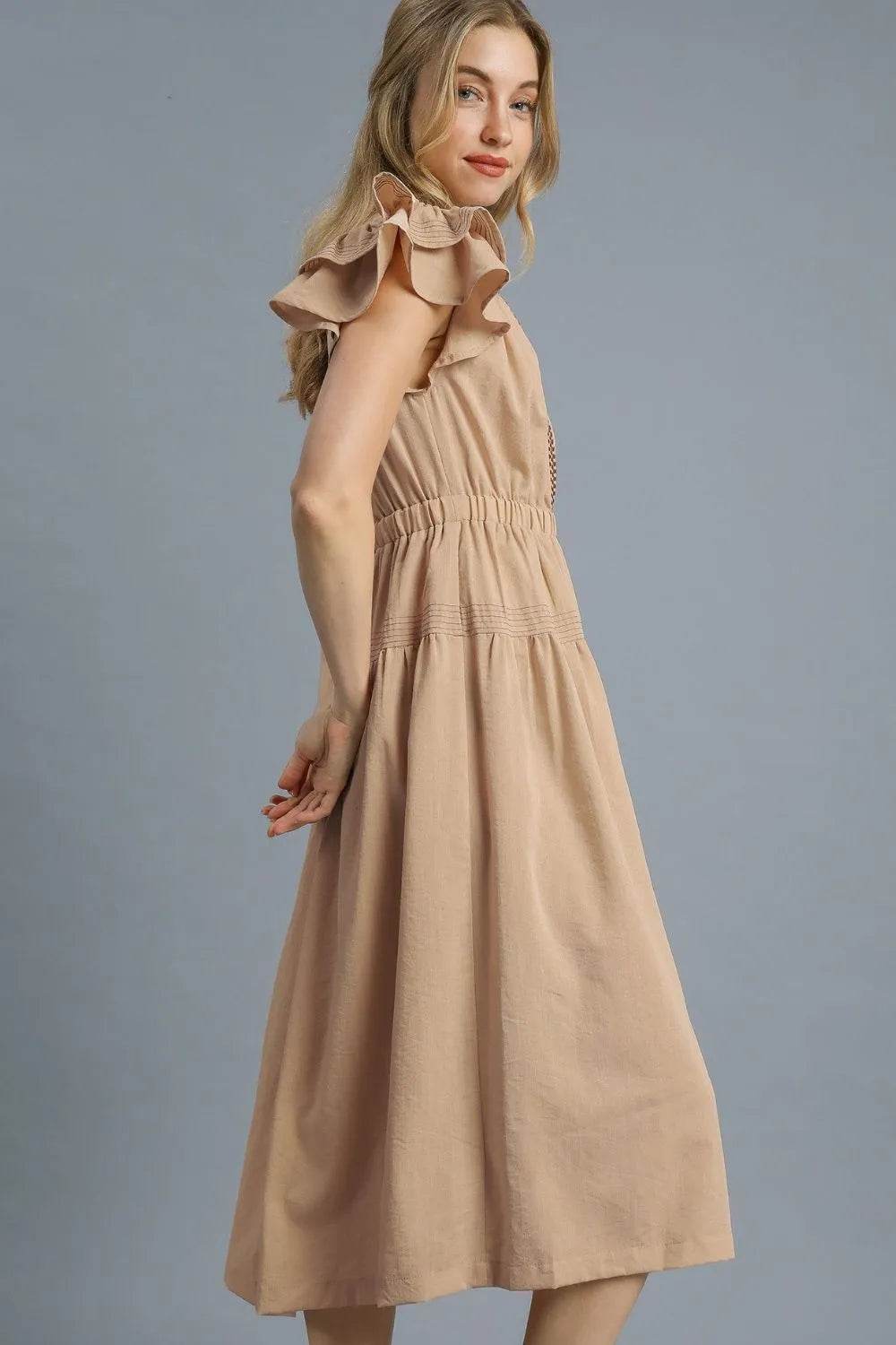 Umgee Ruffled Cap Sleeve Midi Dress with Contrast Trim Detail
