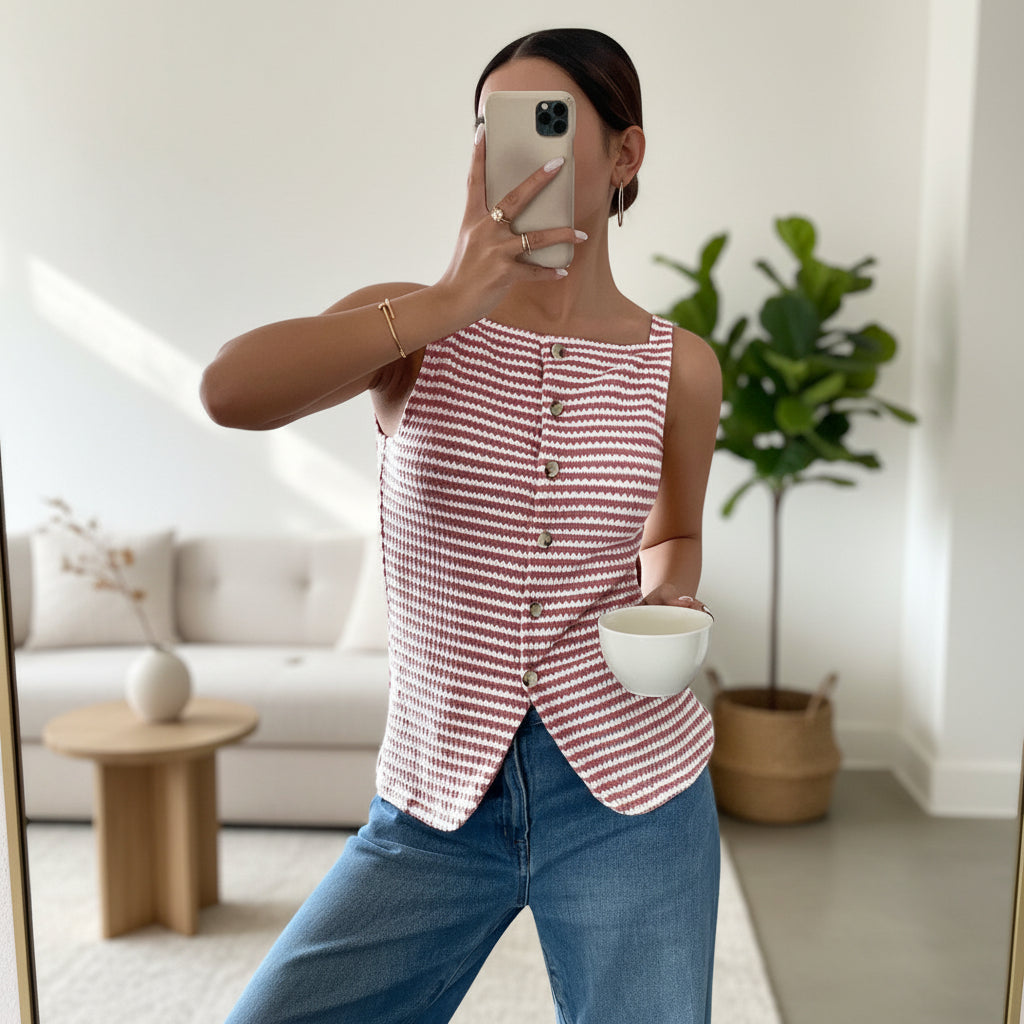 Women's Striped Button-Front Sleeveless Camisole Top – Square Neck Tank