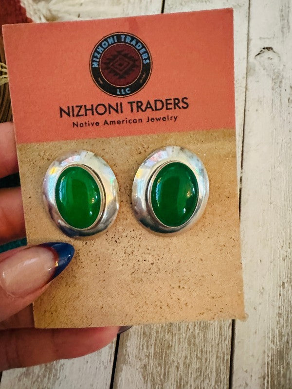 Navajo Green Onyx & Sterling Silver Post Earrings