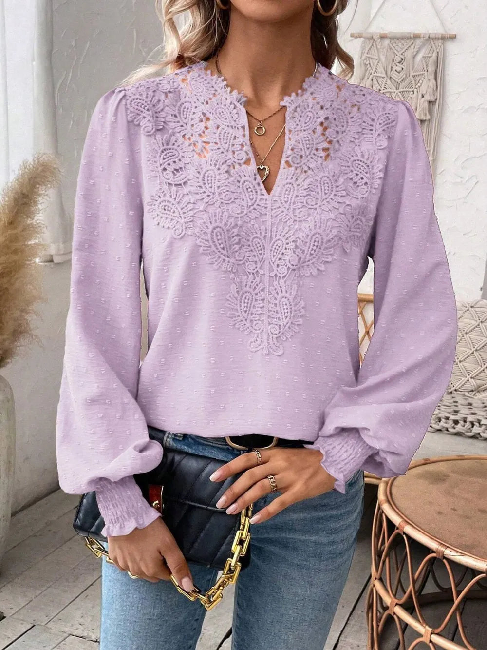 Swiss Dot Lace Detail Notched Long Sleeve Blouse – Feminine Style