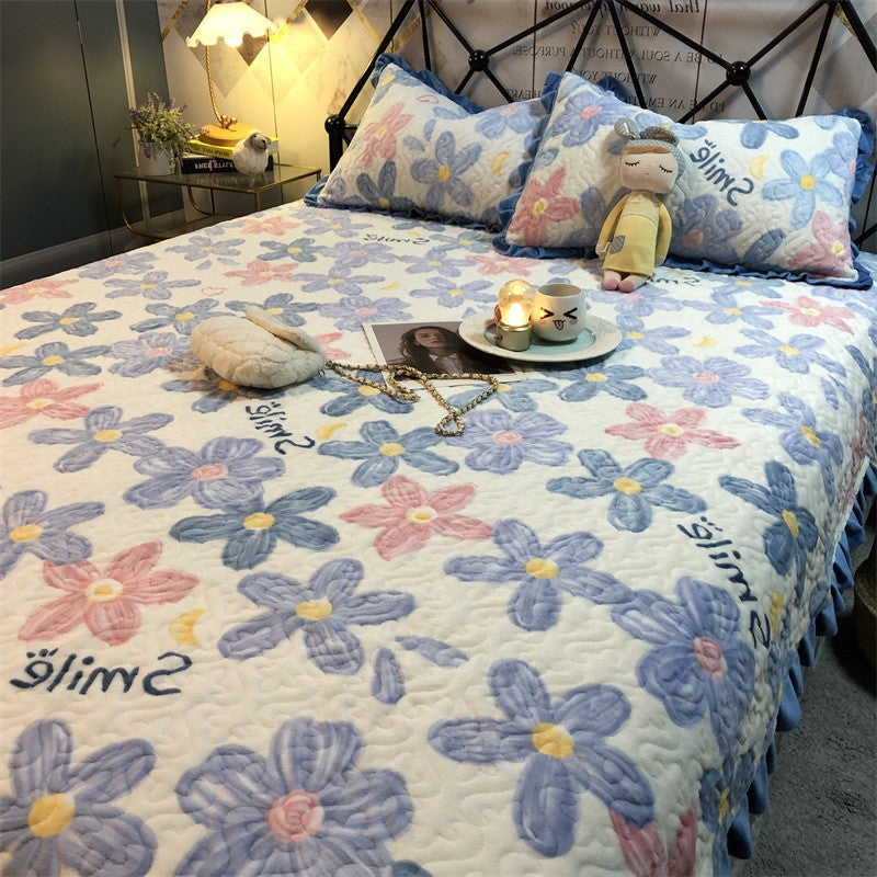 Warm Sunflower Milk Pile Bed Cover Three Piece Set