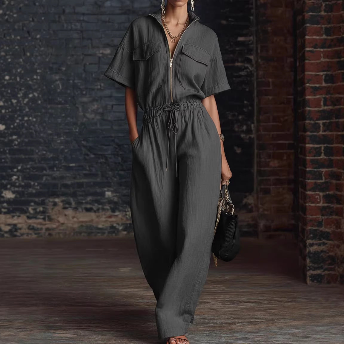 Stand-up Collar Sleeveless Casual Loose-fit Cotton-linen Jumpsuit