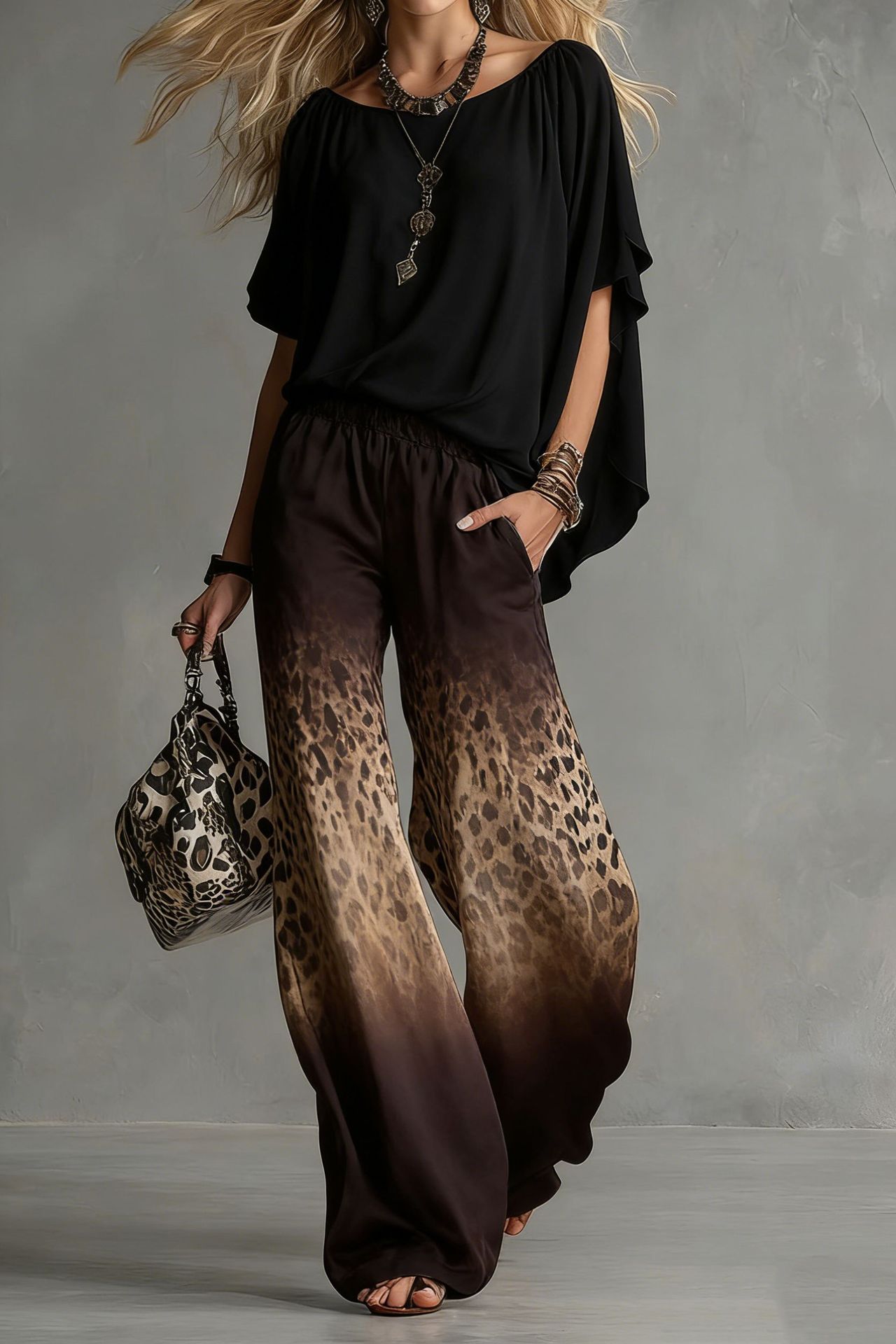 Chiffon Puff-Sleeve Top & Wide-Leg Pants Set – 15 Colors