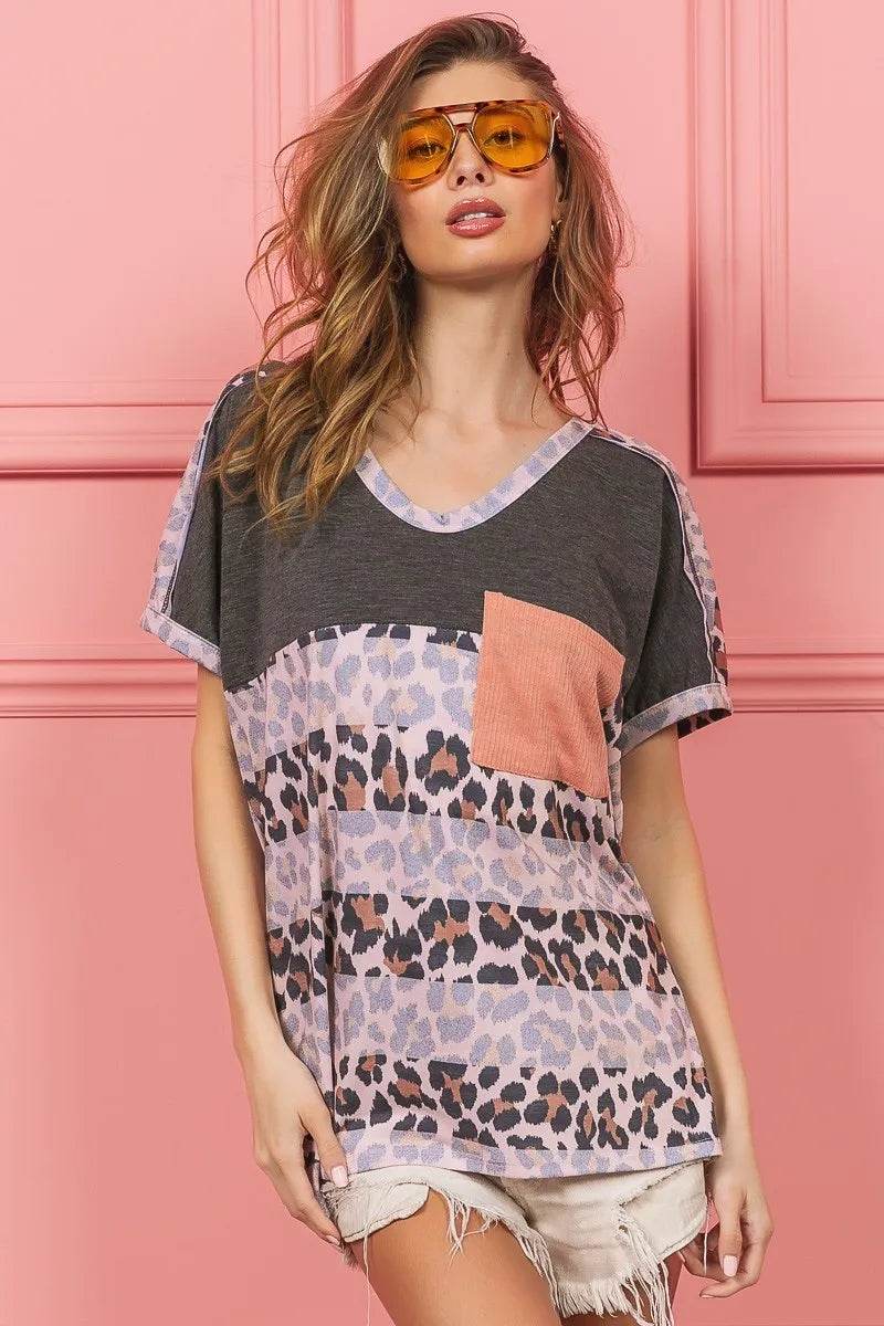 BiBi Leopard Stripe with Slub Terry Color Block T-Shirt