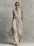 Lace-Up Sleeveless Straight-Leg Jumpsuit | Cotton-Blend