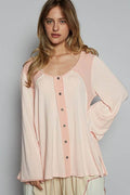POL Contrast Button Front Long Sleeve Knit Top