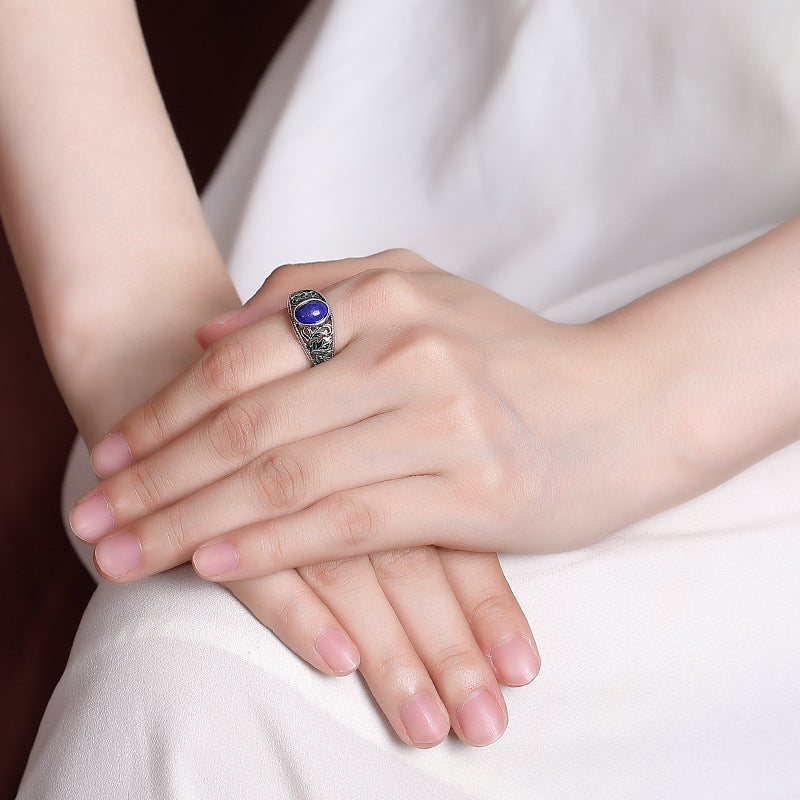 Sterling Silver Lapis Lazuli Hollow Enamel Leaf Ring