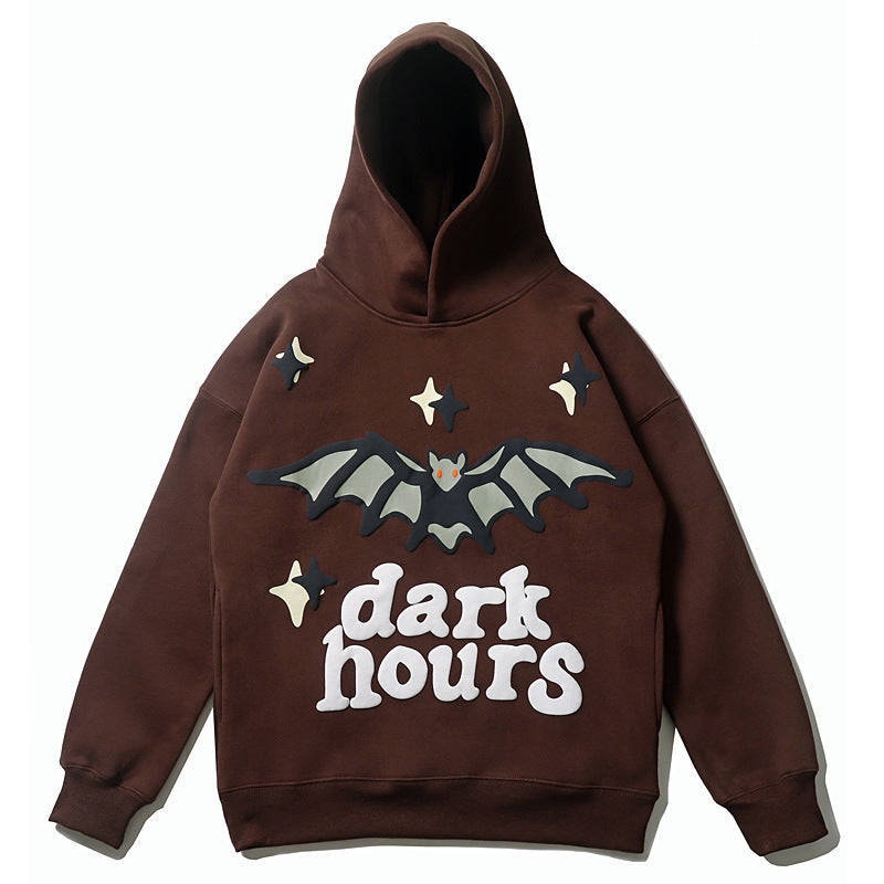 Men's Bat Print Velvet Hoodie - American Retro Pullover with Wool Lining (Dark Brown)