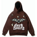 Men's Bat Print Velvet Hoodie - American Retro Pullover with Wool Lining (Dark Brown)