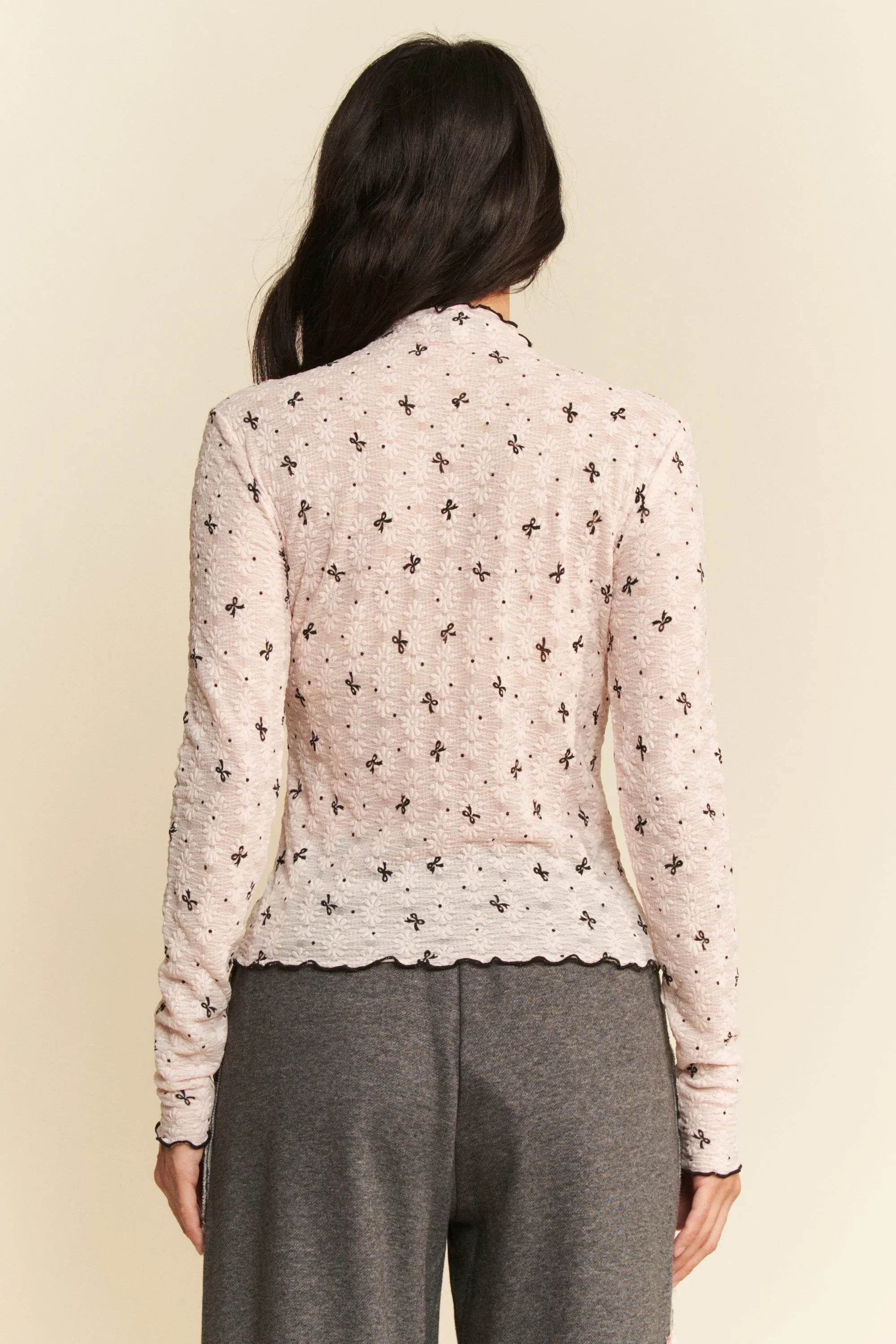 Davi & Dani Ribbon Bow Lace Hem Long Sleeve Mesh Layering Top