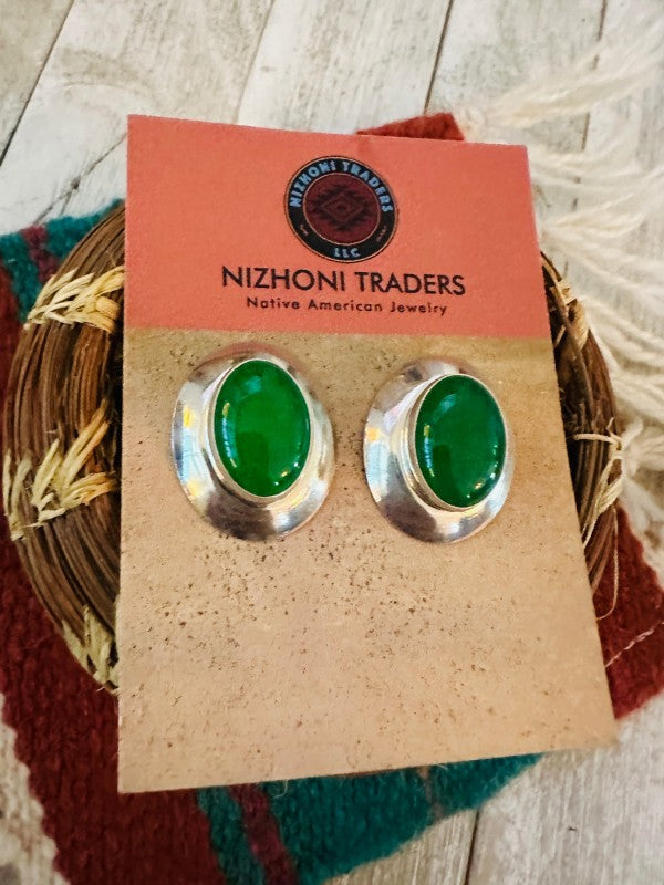 Navajo Green Onyx & Sterling Silver Post Earrings