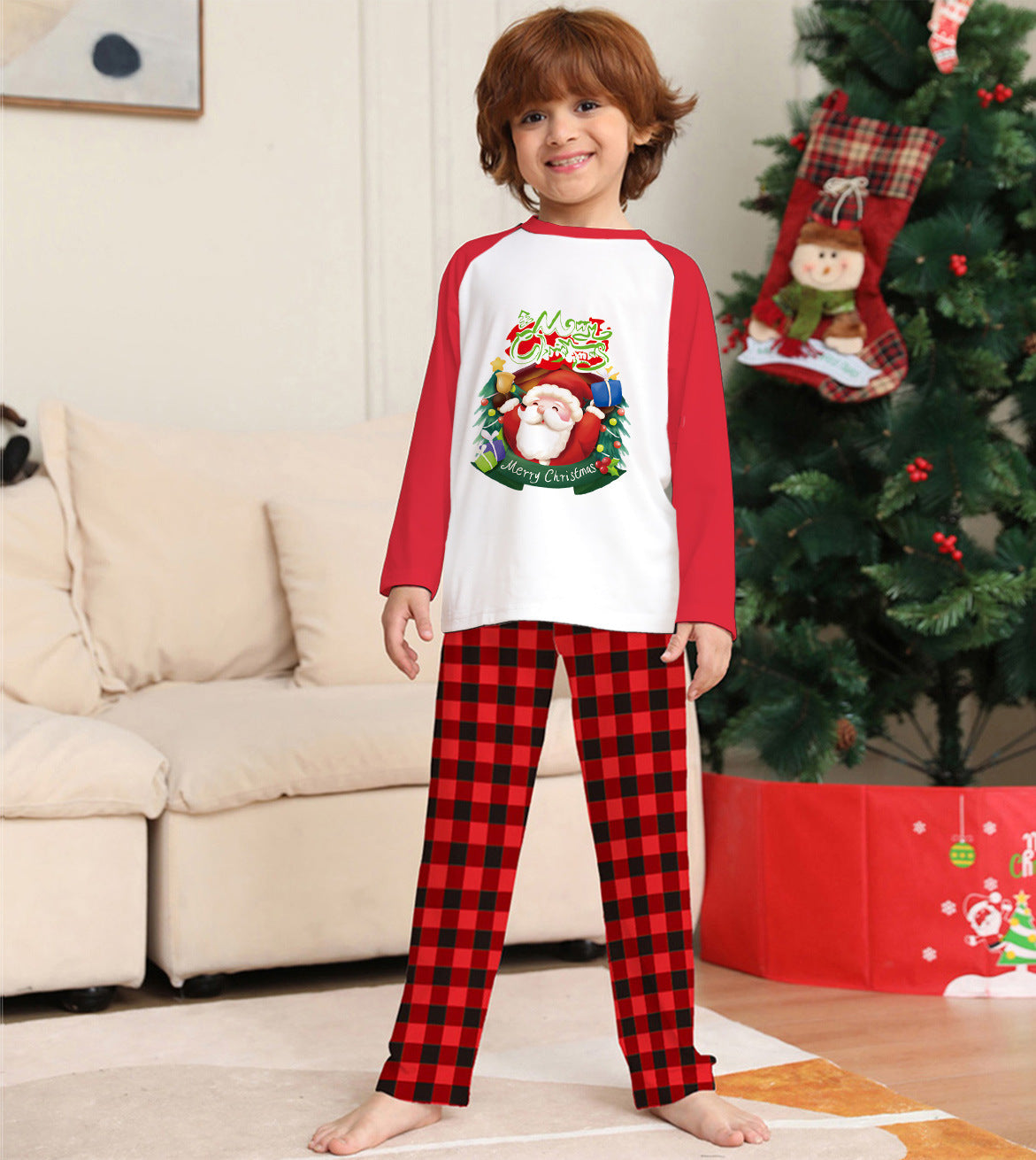 Parent-Child Clothes Set Long Sleeve T-Shirt Plaid Pants Family Matching Pajamas