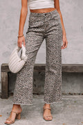 Brown Leopard Frayed Edge Wide Leg High Waist Jeans