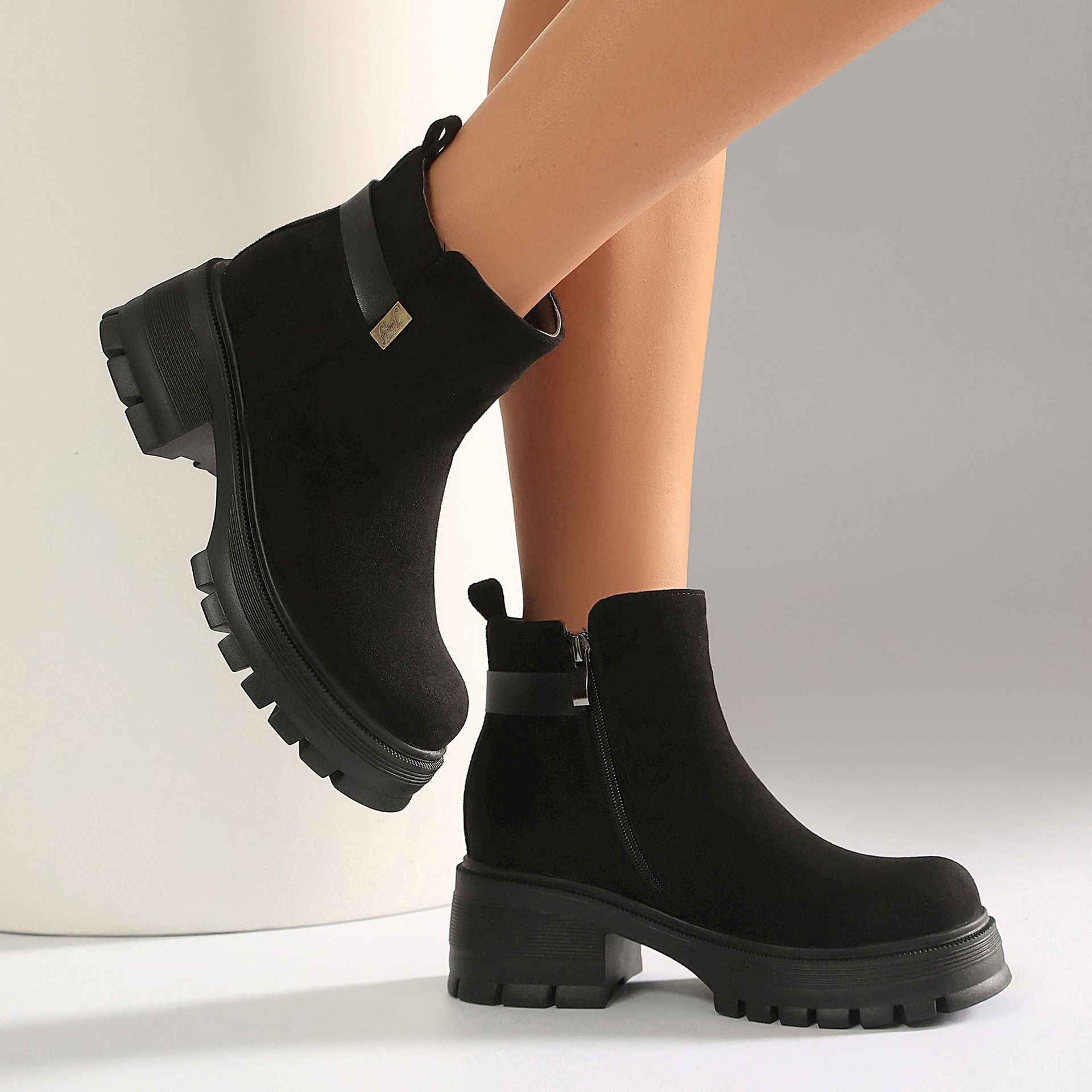 Women's Chunky Platform Ankle Boots – Block Heel Faux Suede & PU Side Zip