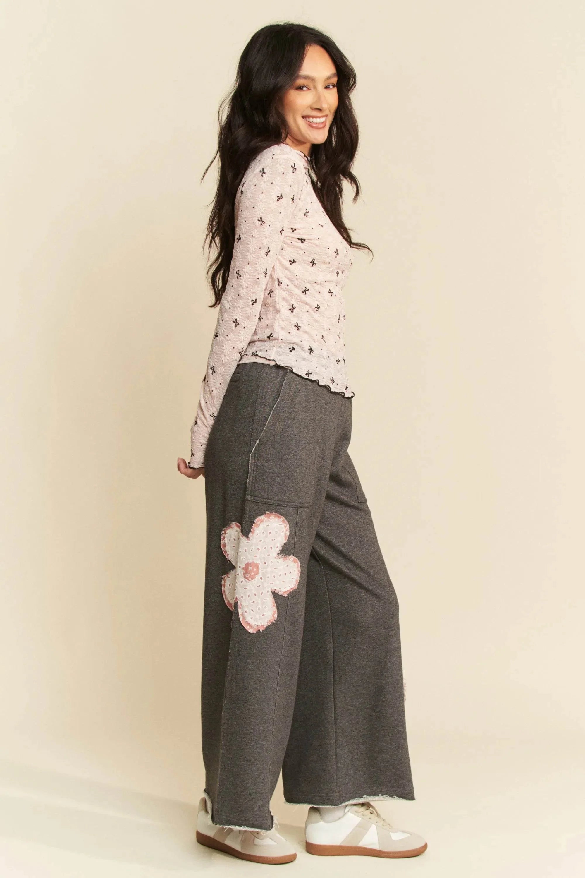 Davi & Dani Ribbon Bow Lace Hem Long Sleeve Mesh Layering Top