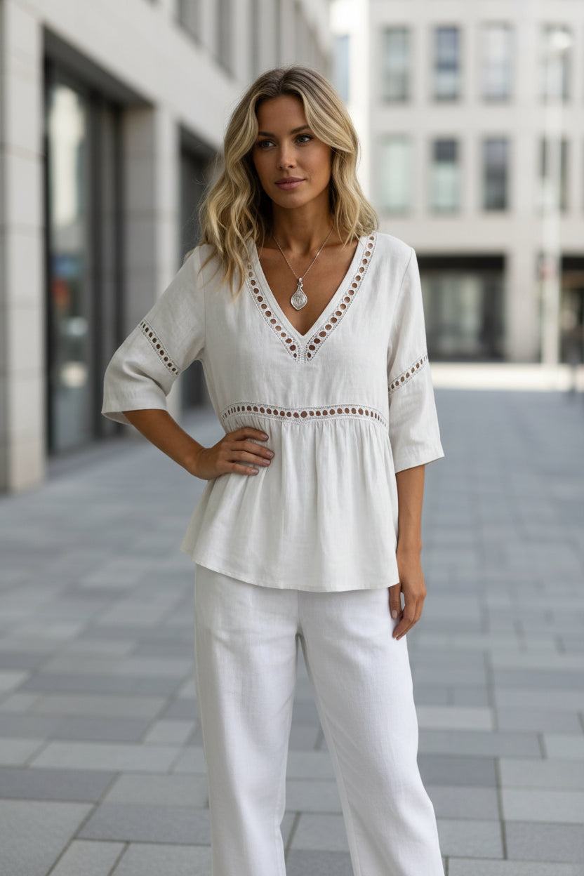 Solid-color V-neck Hollow-out Casual Fringed Top