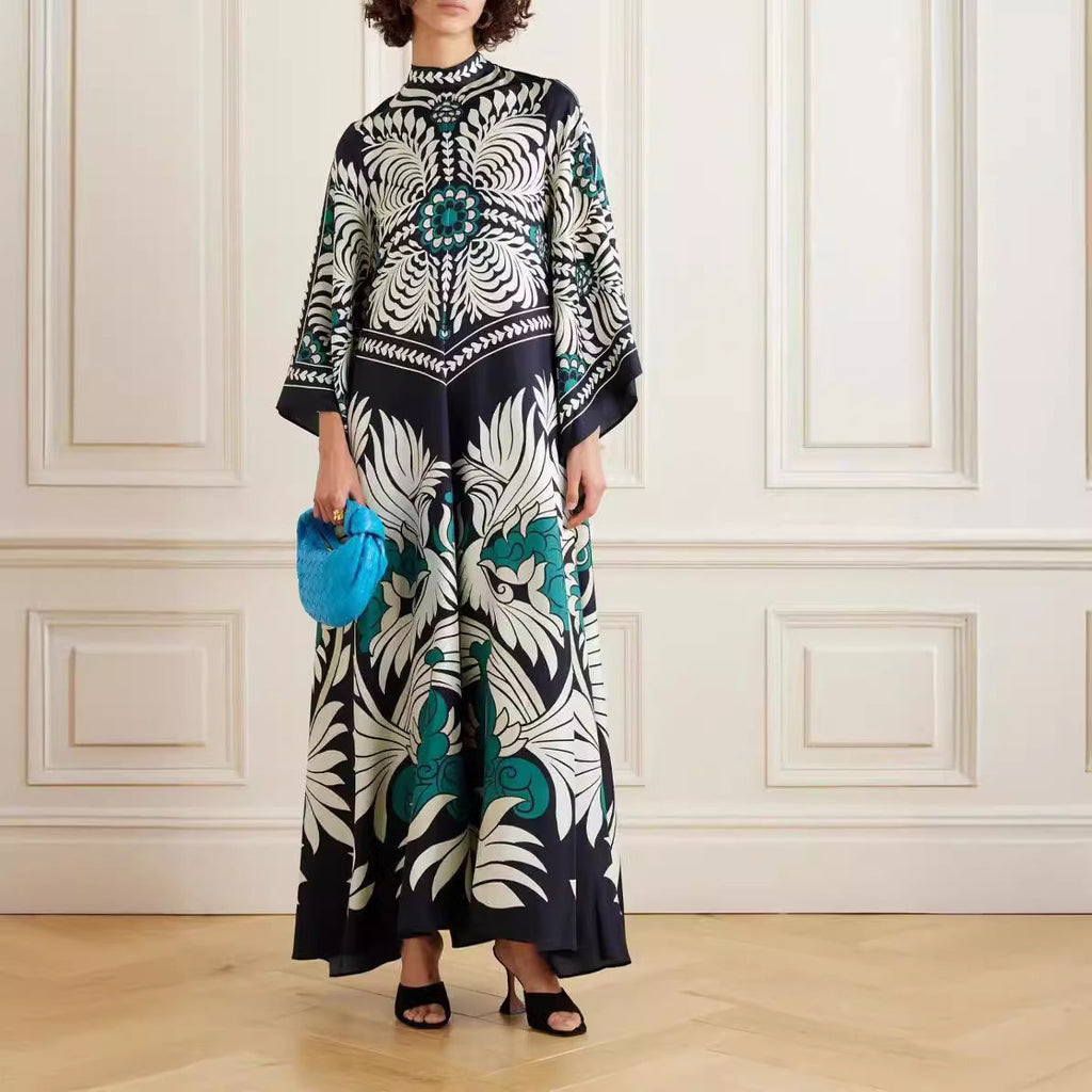 Women's Printed Maxi Dress – Stand Collar Flared Sleeve A-Line Gown