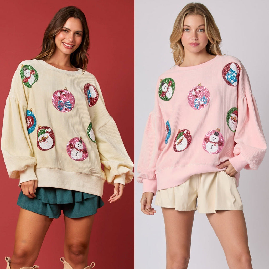 Women’s Christmas Egg Sequined Long-Sleeve Loose Sweatshirt Top