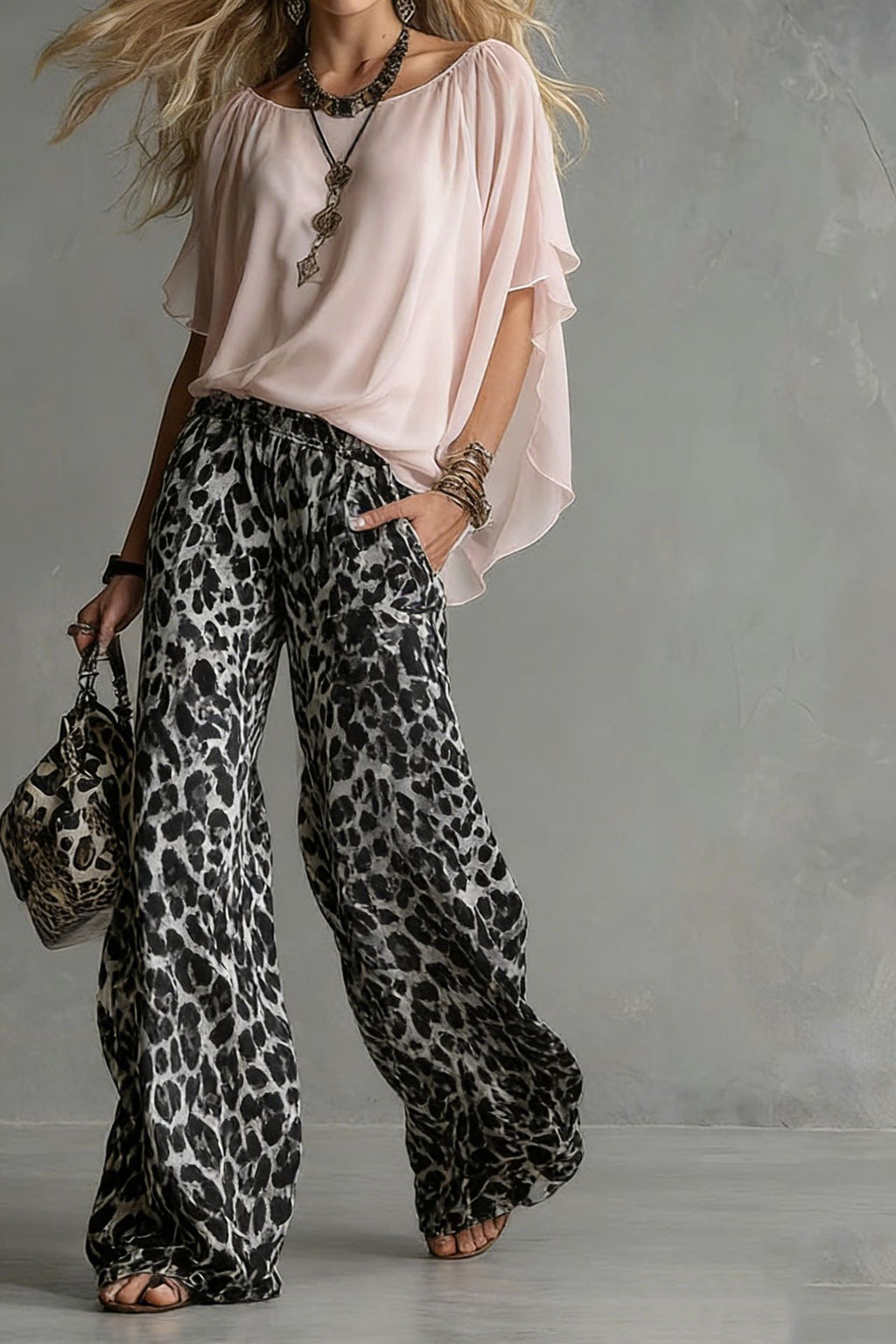 Chiffon Puff-Sleeve Top & Wide-Leg Pants Set – 15 Colors