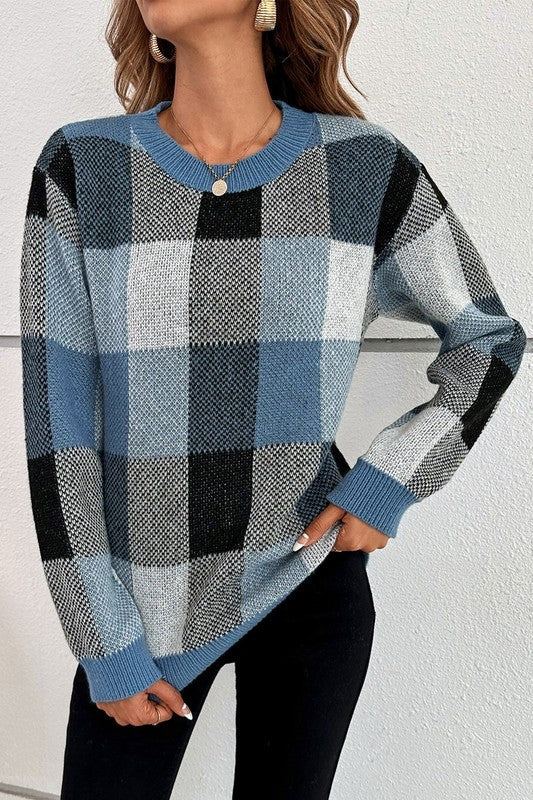 Plaid Print Round Neck Knit Loose Fit Sweater