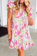 Floral Ruffle Trim Flutter Sleeve Buttoned Dress