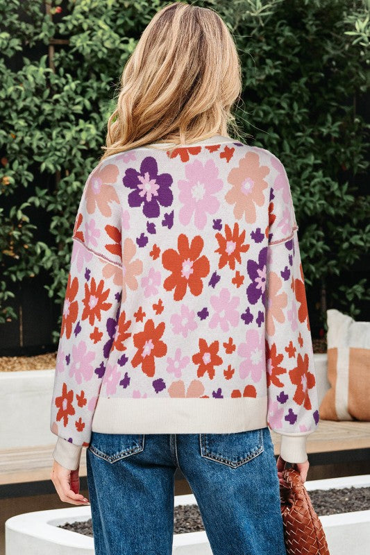 Floral Ribbed Trim Drop Shoulder Sweater