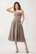 Davi & Dani Contrast Velvet Tape Smocking Bodice Midi Dress