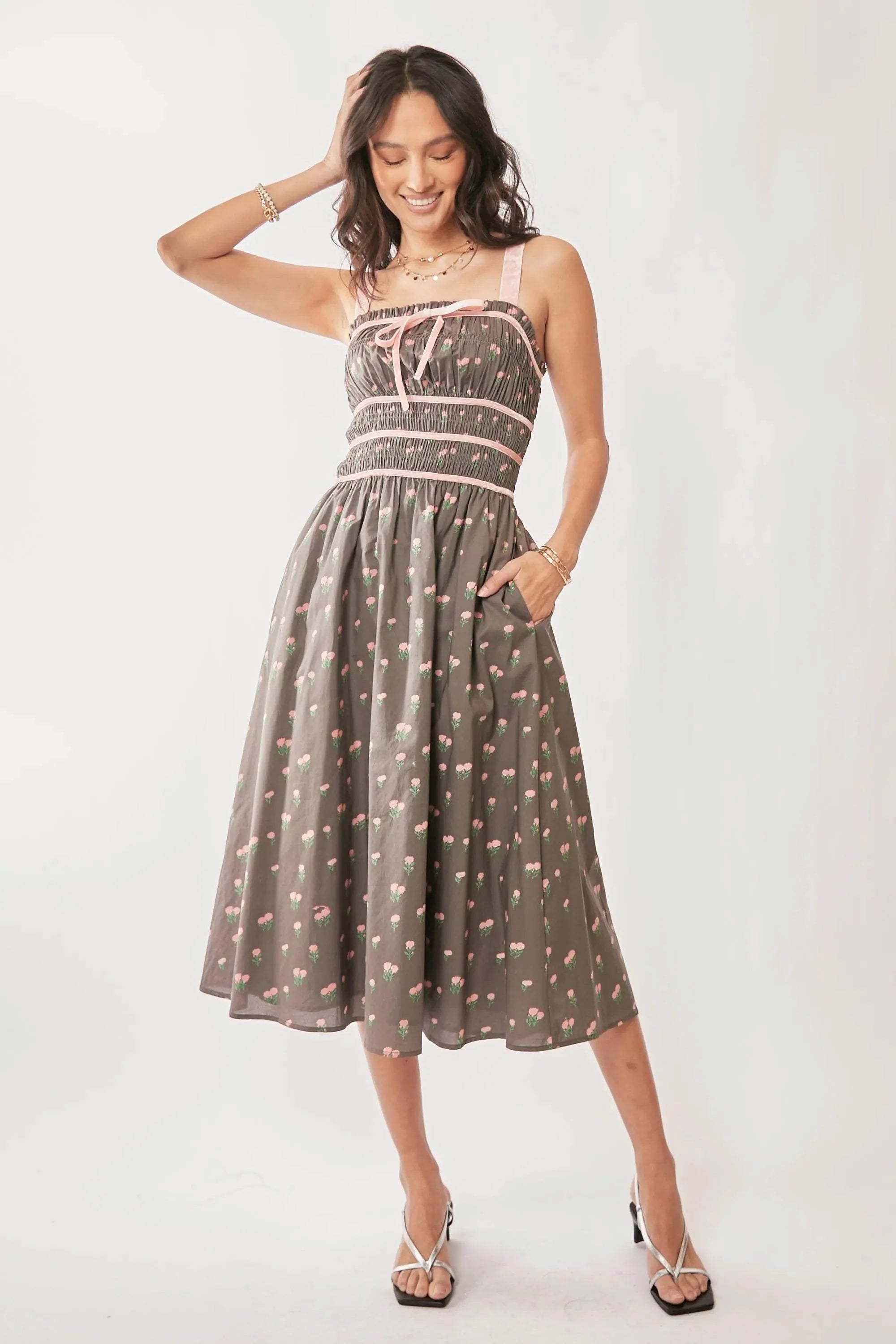 Davi & Dani Contrast Velvet Tape Smocking Bodice Midi Dress