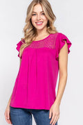 ACTIVE BASIC Ruffle Lace Knit Top with Short Sleeves and Lace Detail