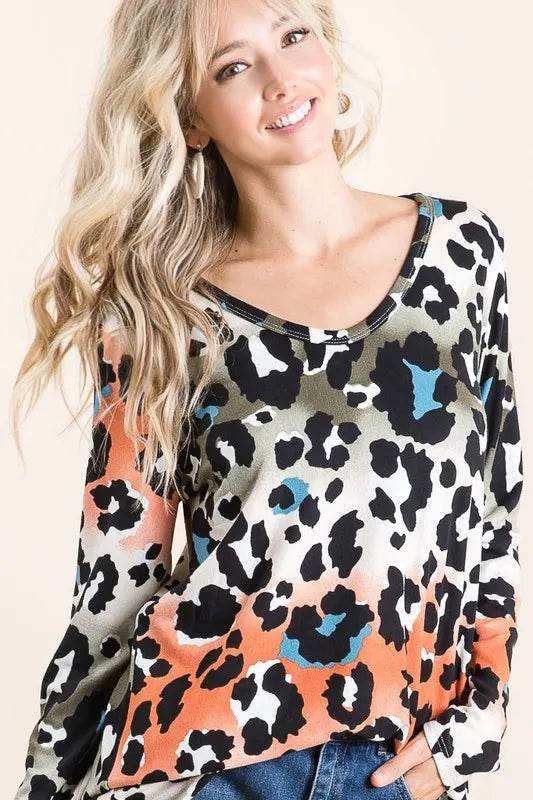 BiBi Gradation Leopard Print Soft Knit Deep U Neck Top