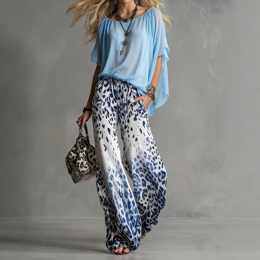 Chiffon Puff-Sleeve Top & Wide-Leg Pants Set – 15 Colors