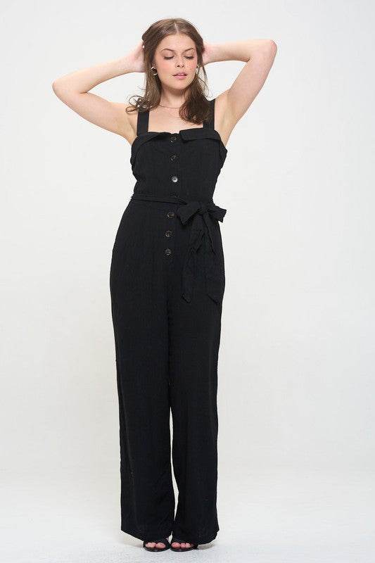 SLEEVELESS ADJUSTABLE STRAP BUTTON DOWN JUMPSUIT