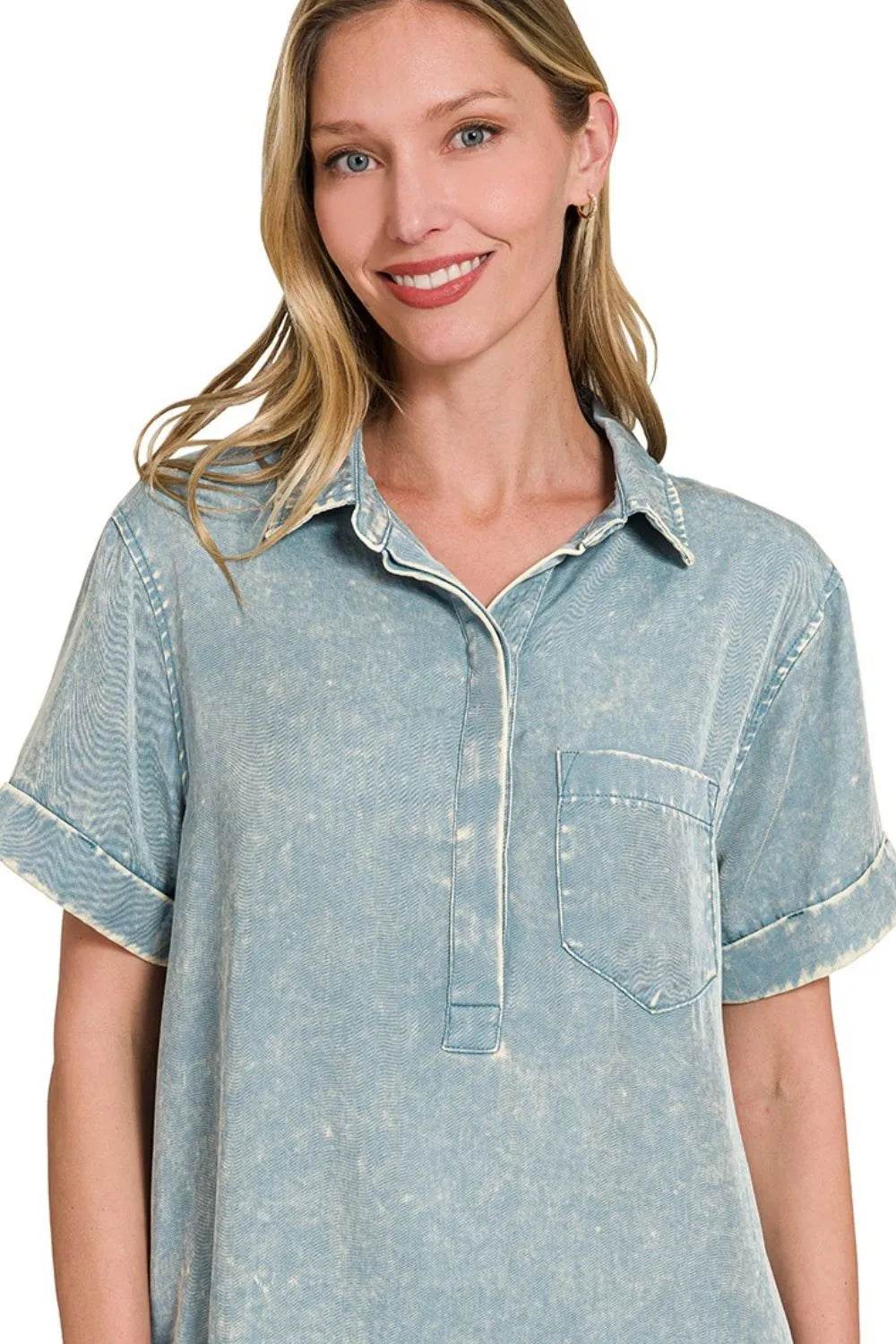 Zenana Tencel Mineral Washed Collared Shirts Dress